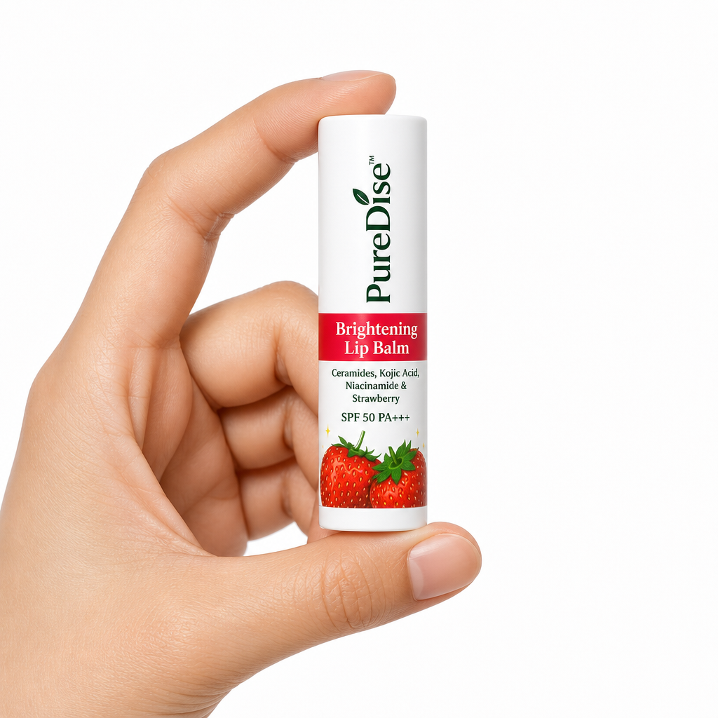 PureDise Brightening Lip Balm SPF 50 PA+++ | Ceramides, Kojic Acid, Niacinamide & Strawberry | Dark Lip Repair & Daily Sun Protection | 5g