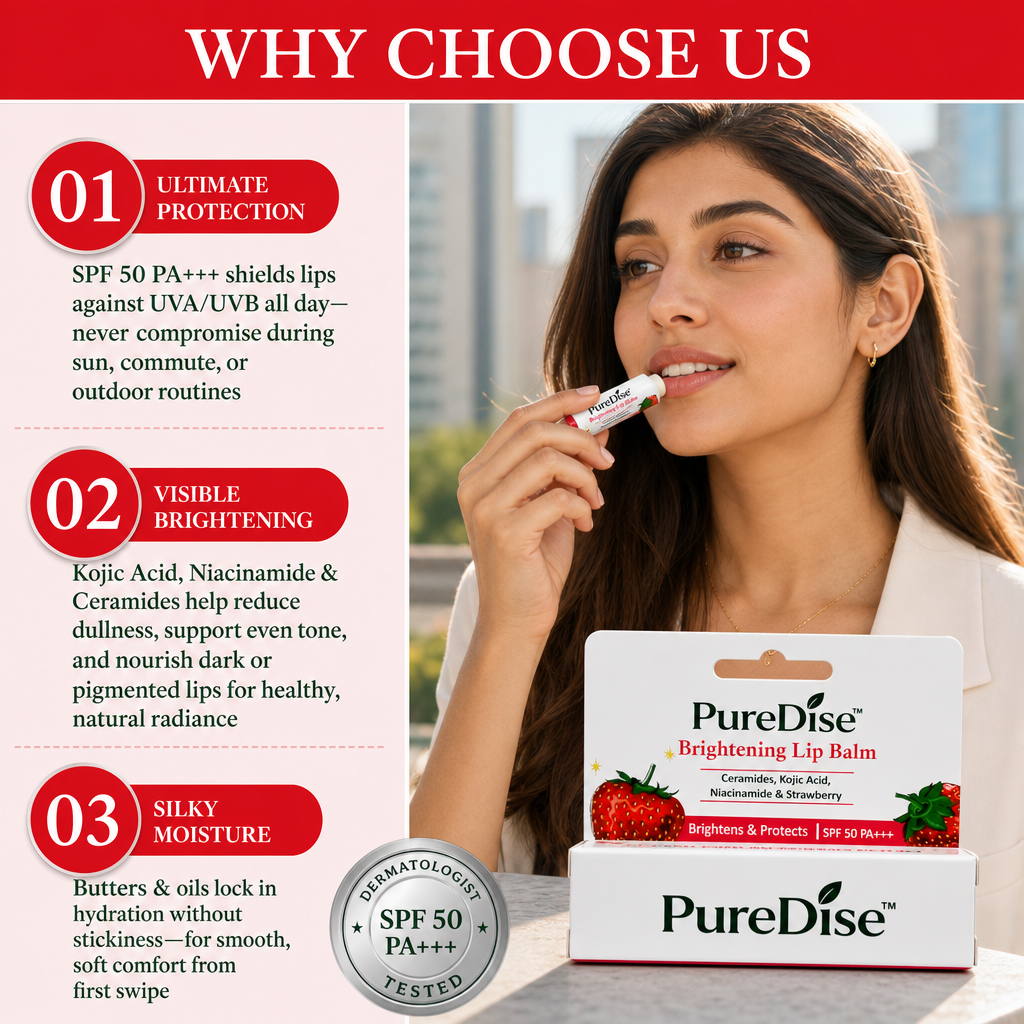 PureDise Brightening Lip Balm SPF 50 PA+++ | Ceramides, Kojic Acid, Niacinamide & Strawberry | Dark Lip Repair & Daily Sun Protection | 5g