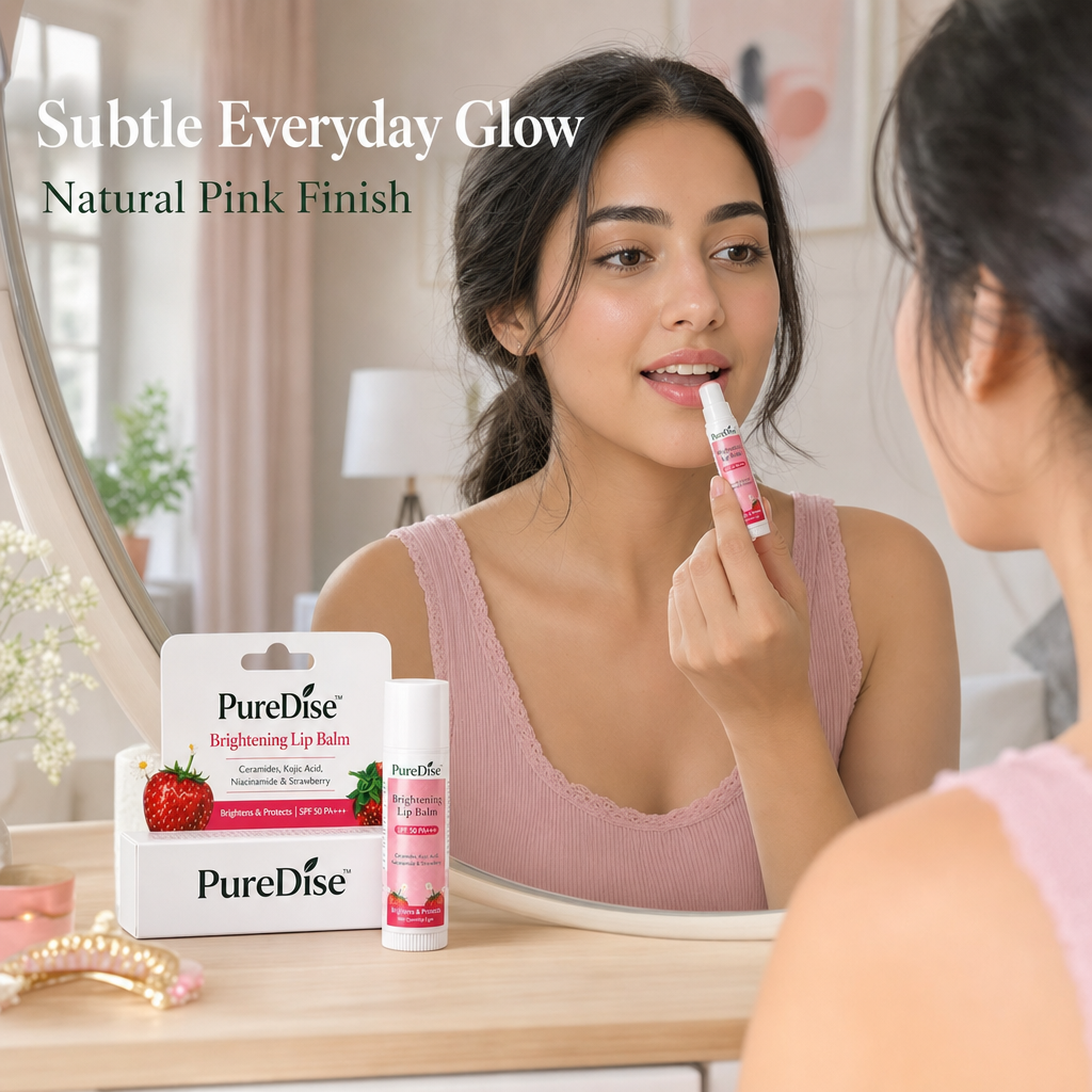 PureDise Brightening Lip Balm SPF 50 PA+++ | Ceramides, Kojic Acid, Niacinamide & Strawberry | Dark Lip Repair & Daily Sun Protection | 5g