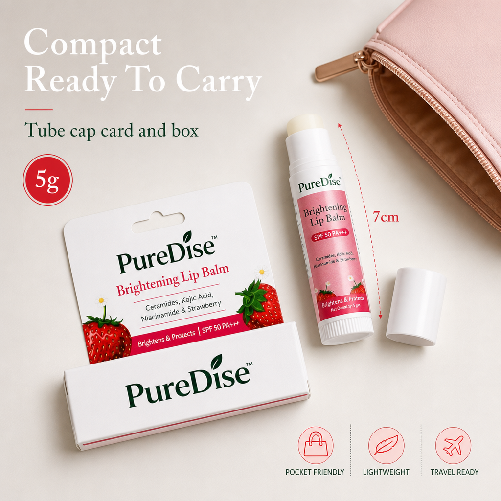 PureDise Brightening Lip Balm SPF 50 PA+++ | Ceramides, Kojic Acid, Niacinamide & Strawberry | Dark Lip Repair & Daily Sun Protection | 5g