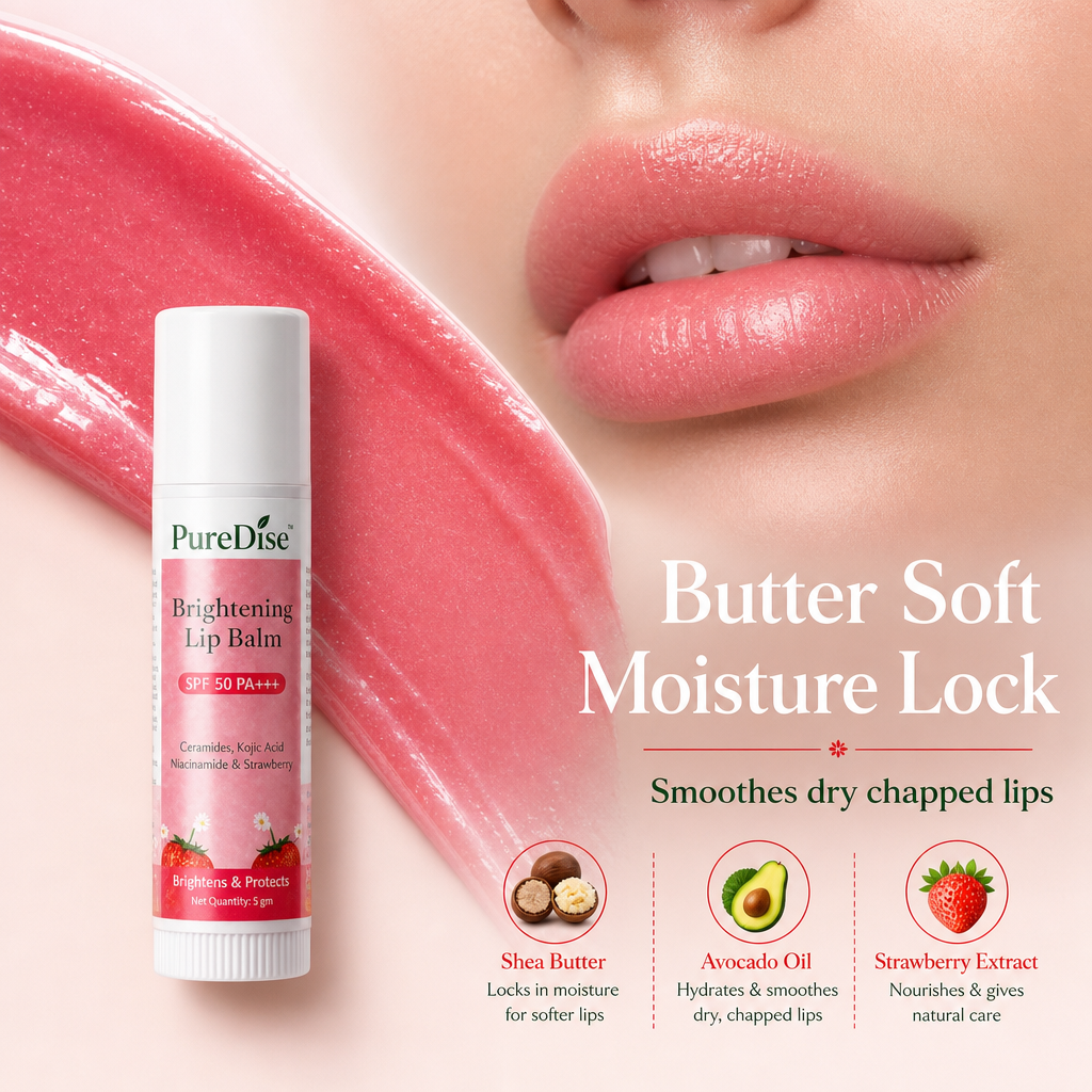 PureDise Brightening Lip Balm SPF 50 PA+++ | Ceramides, Kojic Acid, Niacinamide & Strawberry | Dark Lip Repair & Daily Sun Protection | 5g