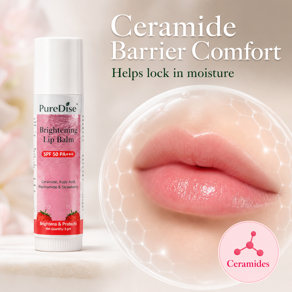 PureDise Brightening Lip Balm SPF 50 PA+++ | Ceramides, Kojic Acid, Niacinamide & Strawberry | Dark Lip Repair & Daily Sun Protection | 5g