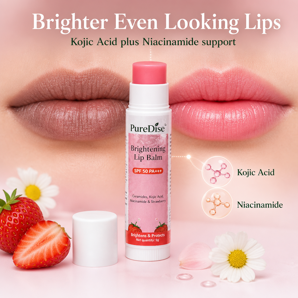 PureDise Brightening Lip Balm SPF 50 PA+++ | Ceramides, Kojic Acid, Niacinamide & Strawberry | Dark Lip Repair & Daily Sun Protection | 5g