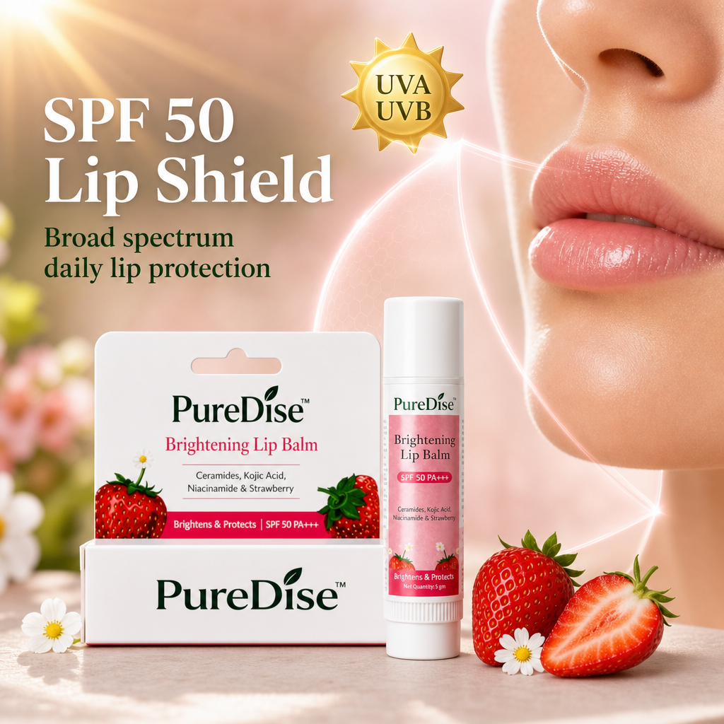 PureDise Brightening Lip Balm SPF 50 PA+++ | Ceramides, Kojic Acid, Niacinamide & Strawberry | Dark Lip Repair & Daily Sun Protection | 5g