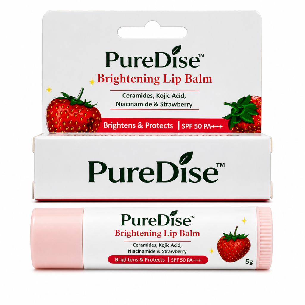 PureDise Brightening Lip Balm SPF 50 PA+++ | Ceramides, Kojic Acid, Niacinamide & Strawberry | Dark Lip Repair & Daily Sun Protection | 5g